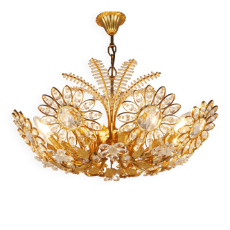 Ernst Palme Grand Chandelier Palm Tree Flower Palwa, Gilded Brass, Crystals, 1970s