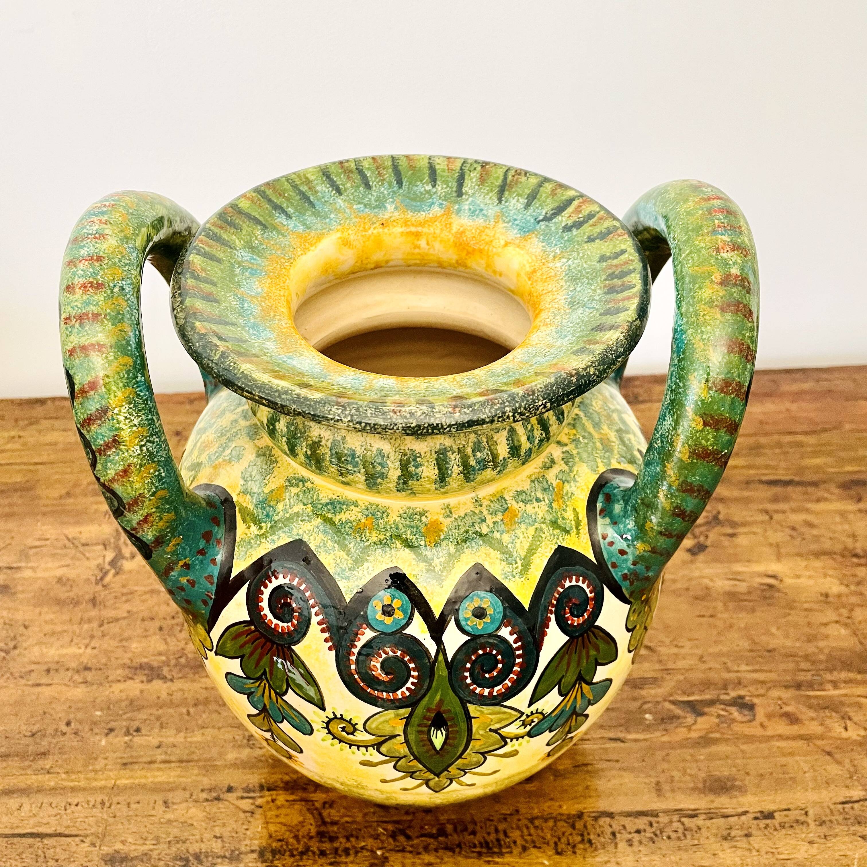 Sublime vase signed Paul Fouillen with yellow and green handles 1940