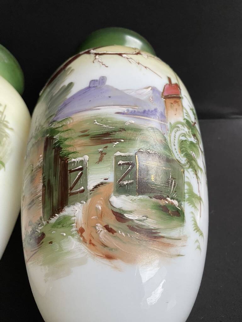 Pair of large hand-decorated opaline vases with marks on the heel – Napoleon III