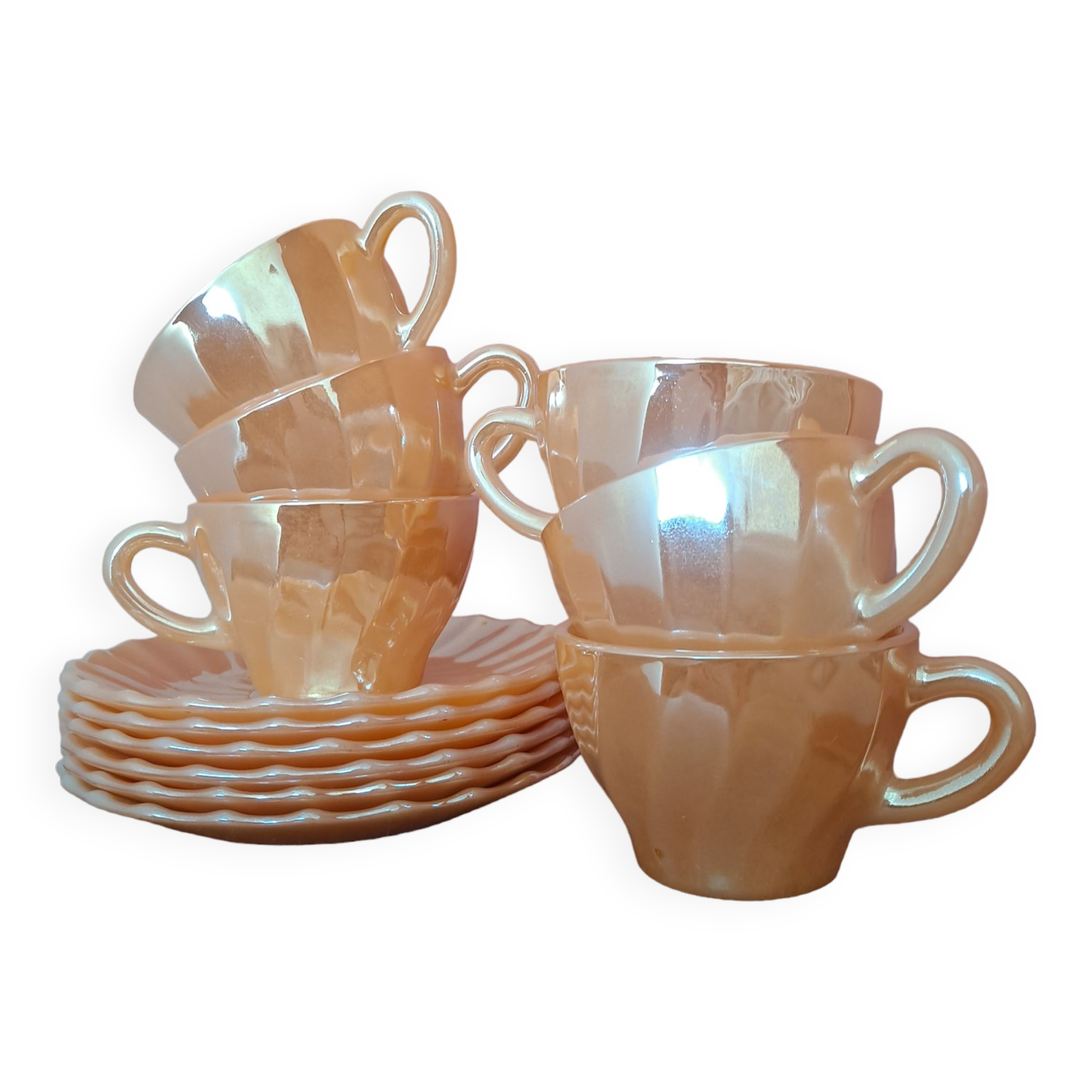 Coffee set 6 cups and sub-cups Termocrisa Mexico Pêche