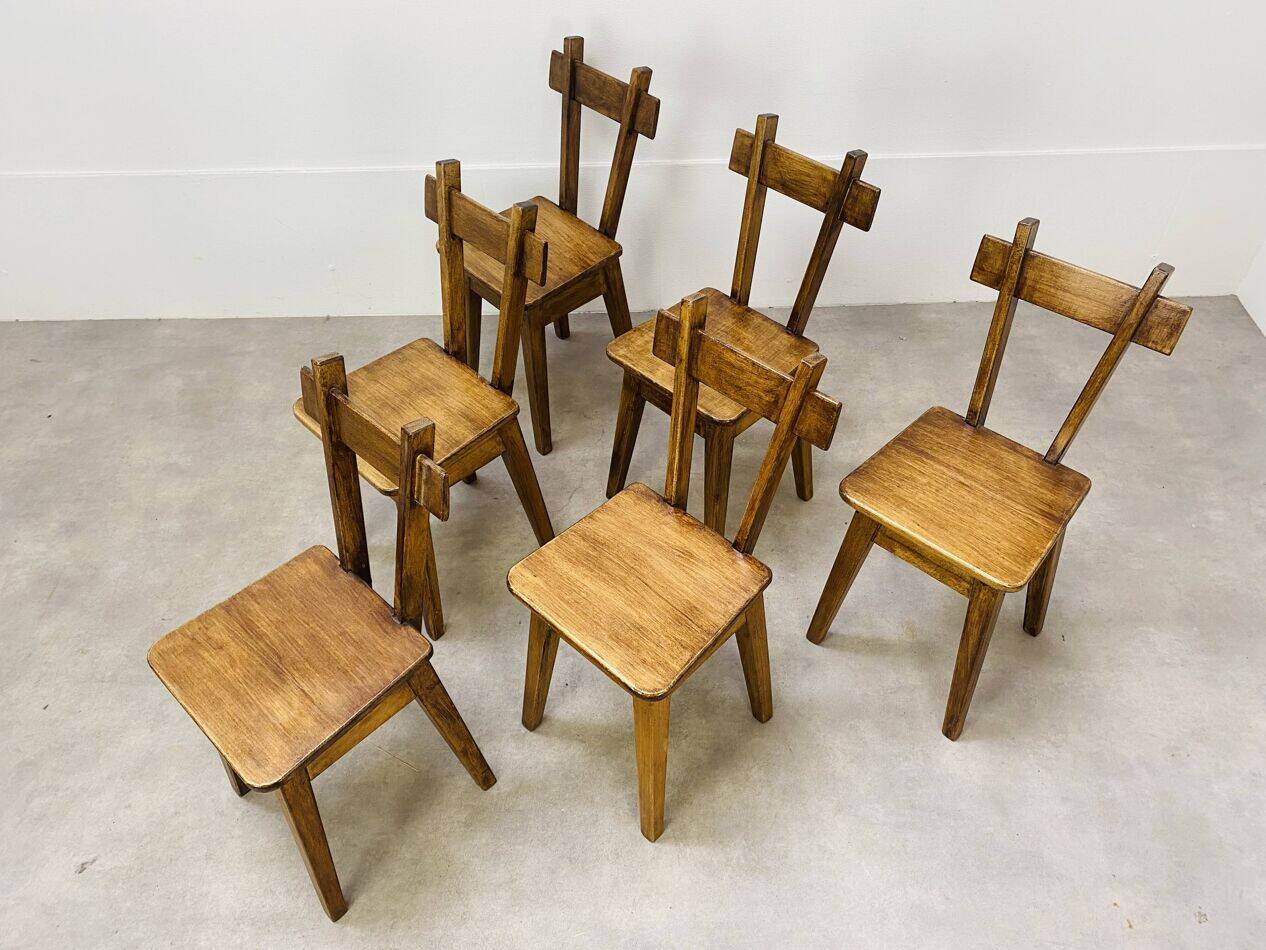 6 brutalist solid wood chairs, chalet decor, vintage