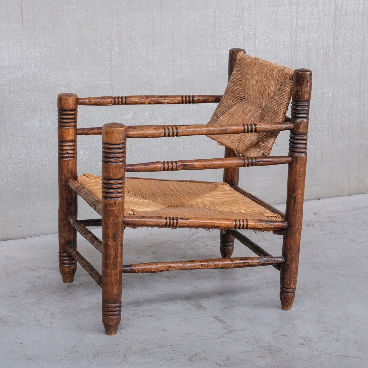 Mid-century rush oak french armchair