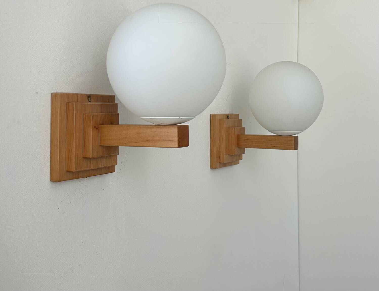 Pair of vintage wall lights, oak and opaline, France 1960