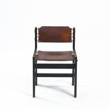 Vintage Brutalist Hide Leather and Wood with Rope Dining Chairs, Set of 2