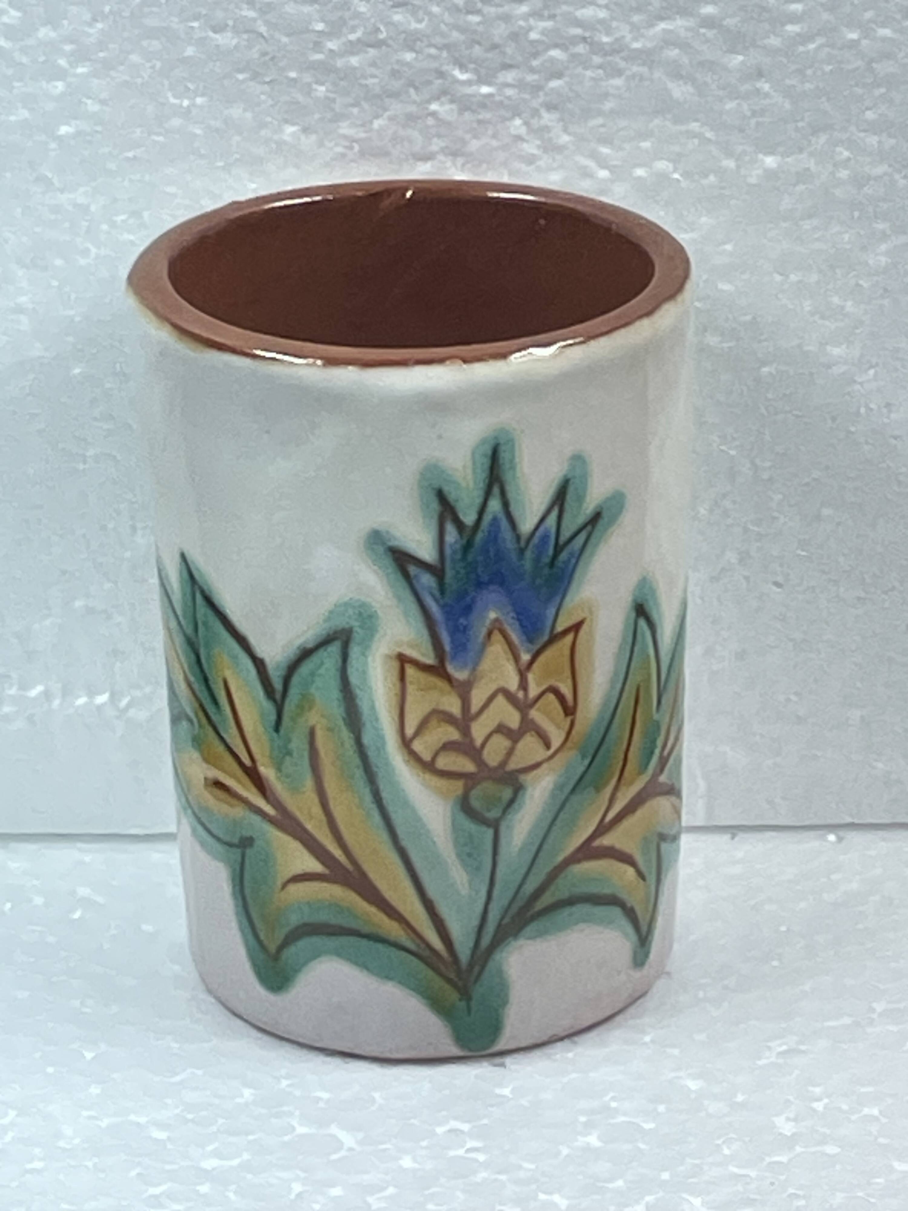 Vintage ceramic, 70" vintage cornflower enameled brush pot to identify