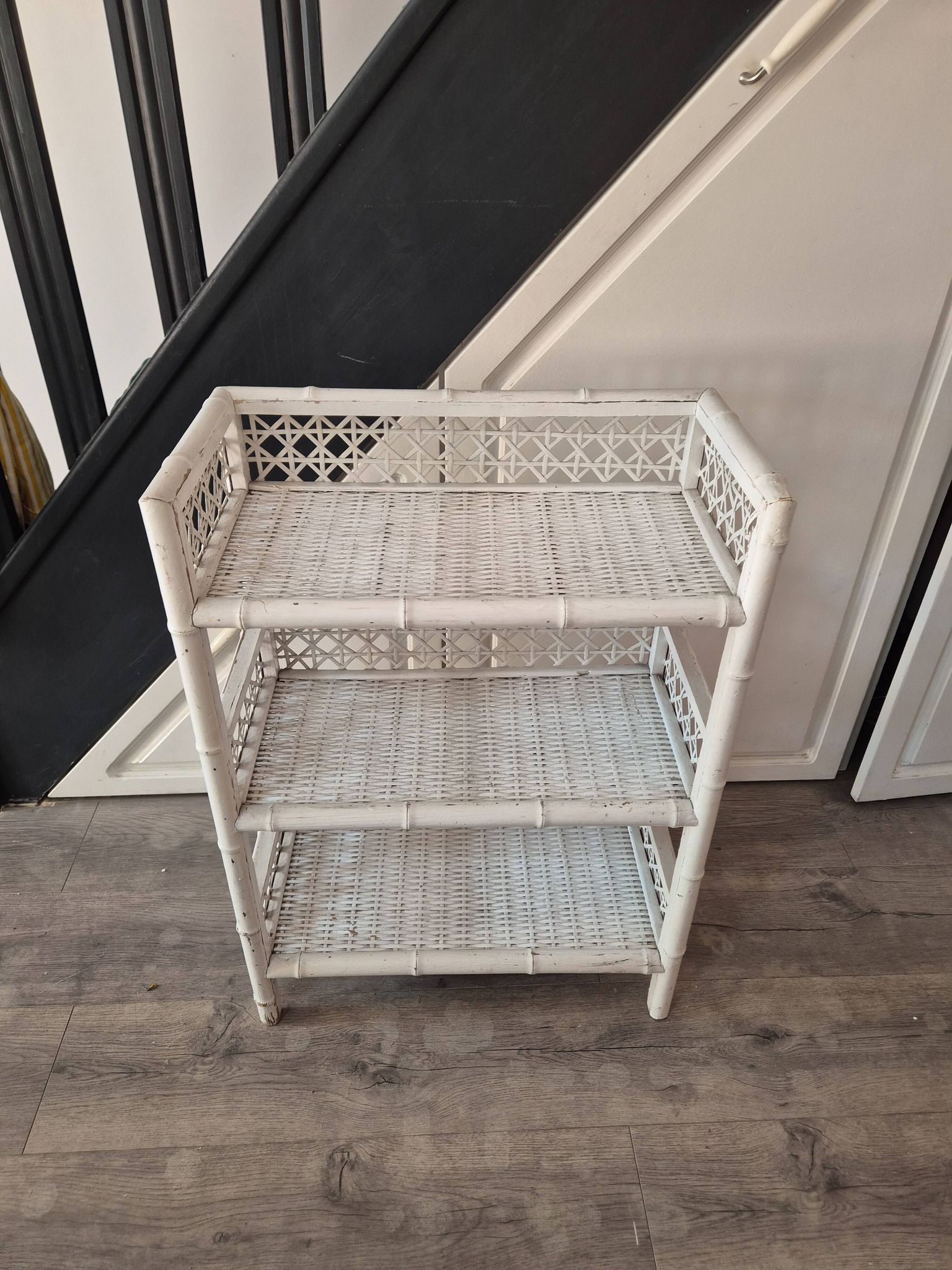 vintage white wicker rattan storage shelf