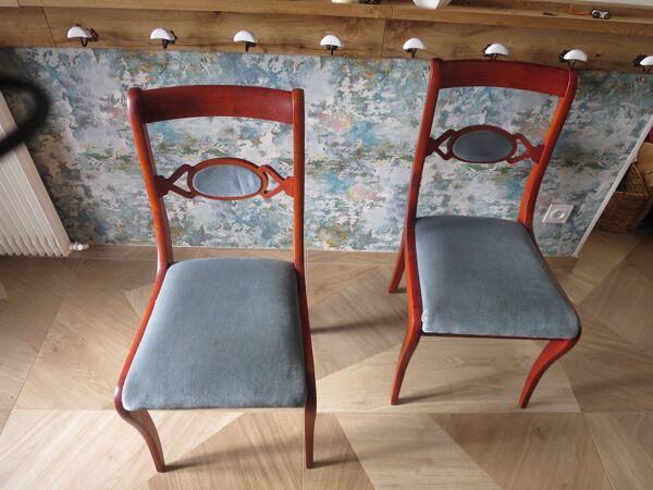 Rare- Lot de 4 chaises style Louis Philippe/restauration avec médaillon - Coloris bleu / merisier