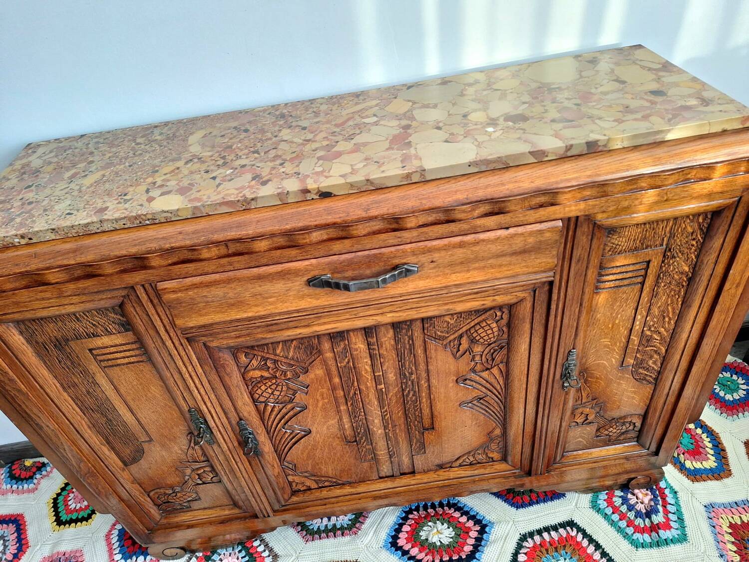 Buffet art déco plateau marbre, meuble vaisselier ancien