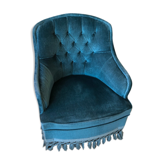 Vintage armchair in padded duck blue velvet