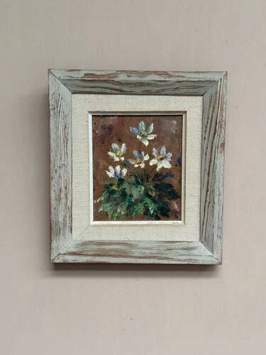Mid-Century Oil on Panel “Flowers” by Unknown Artist, Vintage & Framed 20 × 23cm