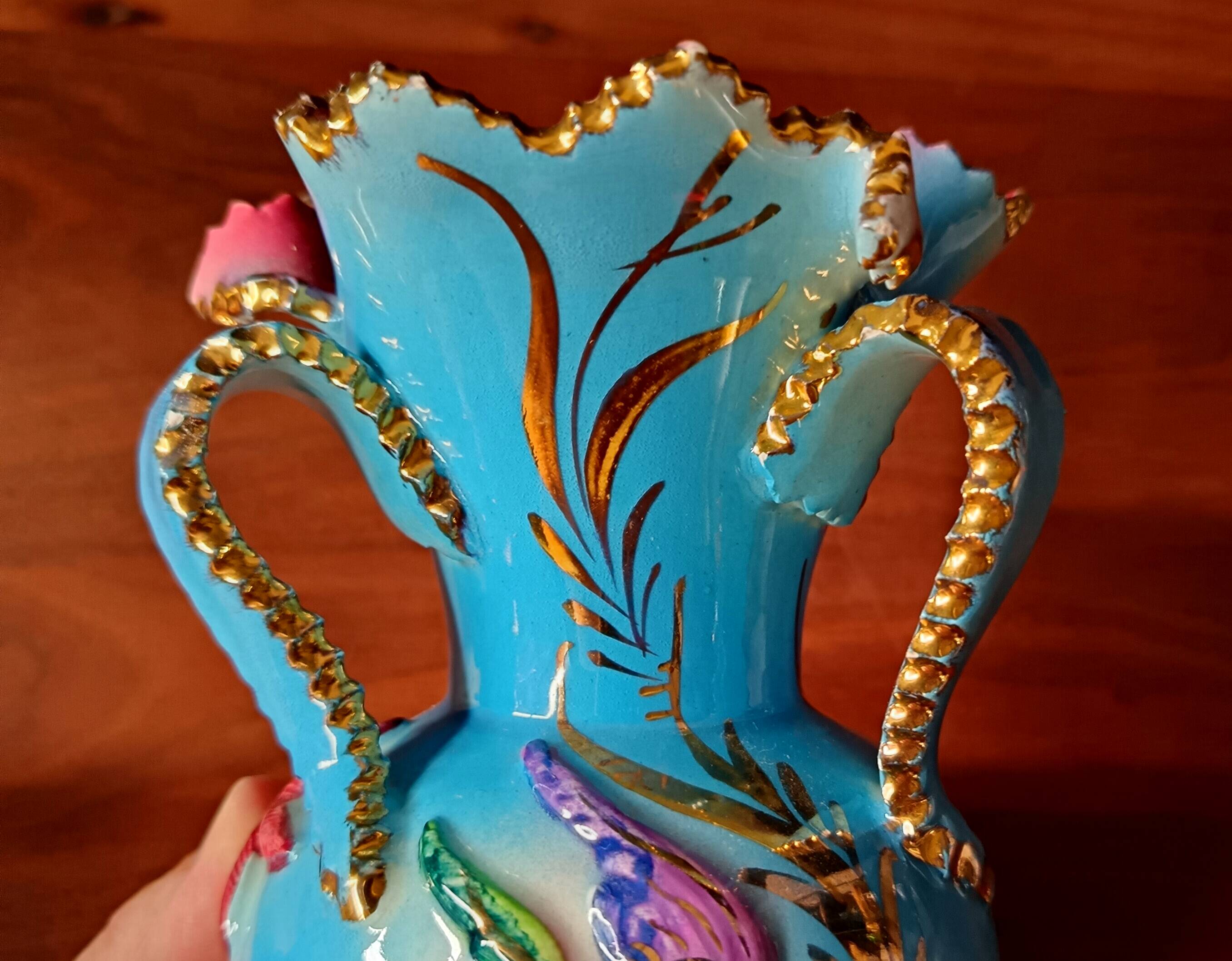 Pair of vintage blue pink ceramic VASES Ceroc Monaco