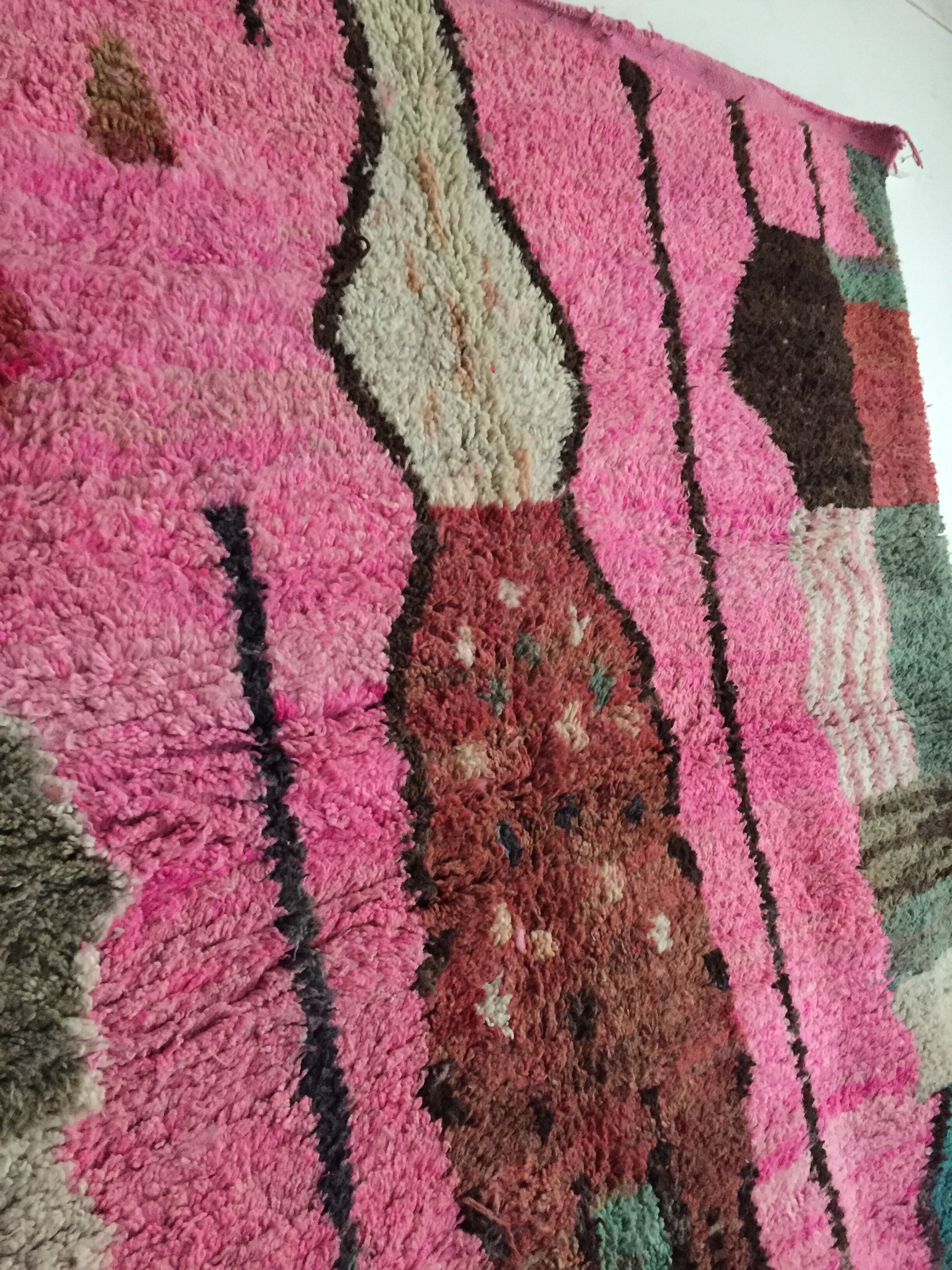 Moroccan Berber carpet Boujaad pink with colorful patterns 304x201cm