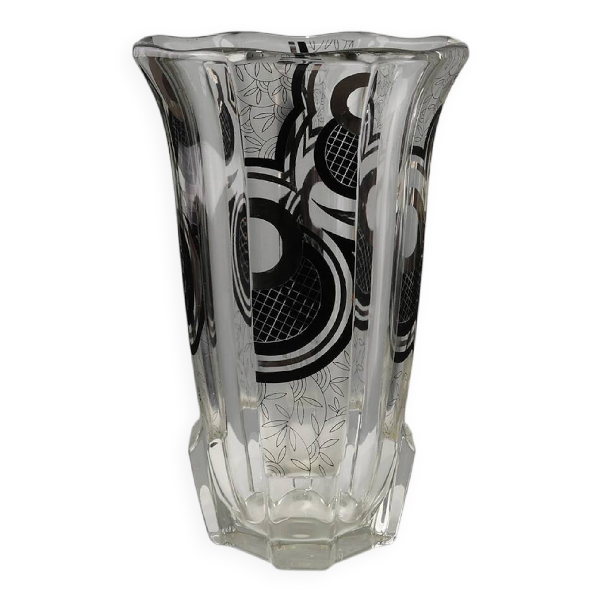 Art Deco Glass Vase with Black Graphic Decoration, France, circa 1940