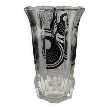 Art Deco Glass Vase with Black Graphic Decoration, France, circa 1940