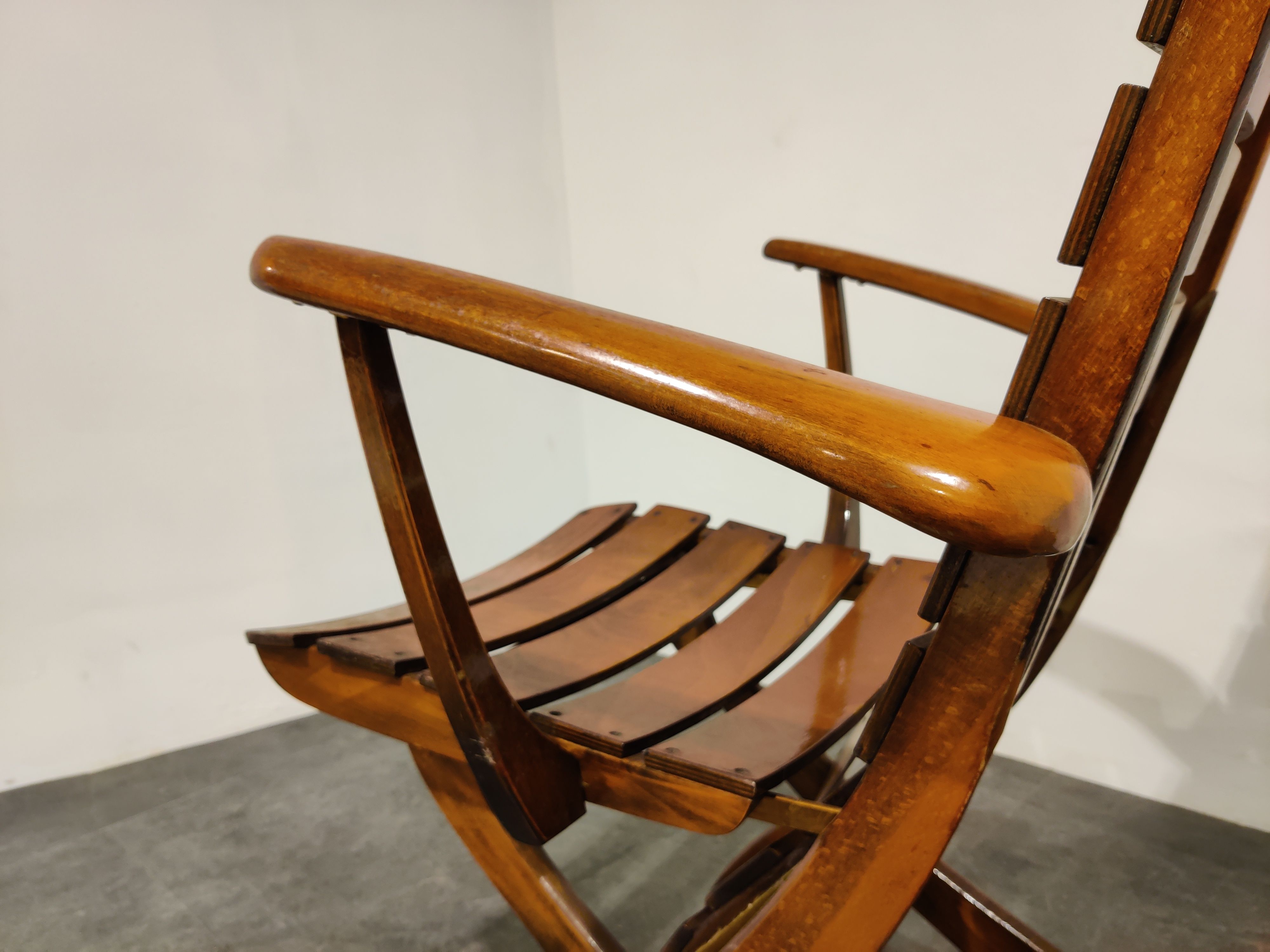 Pair of wooden folding garden chairs with table, 1950s