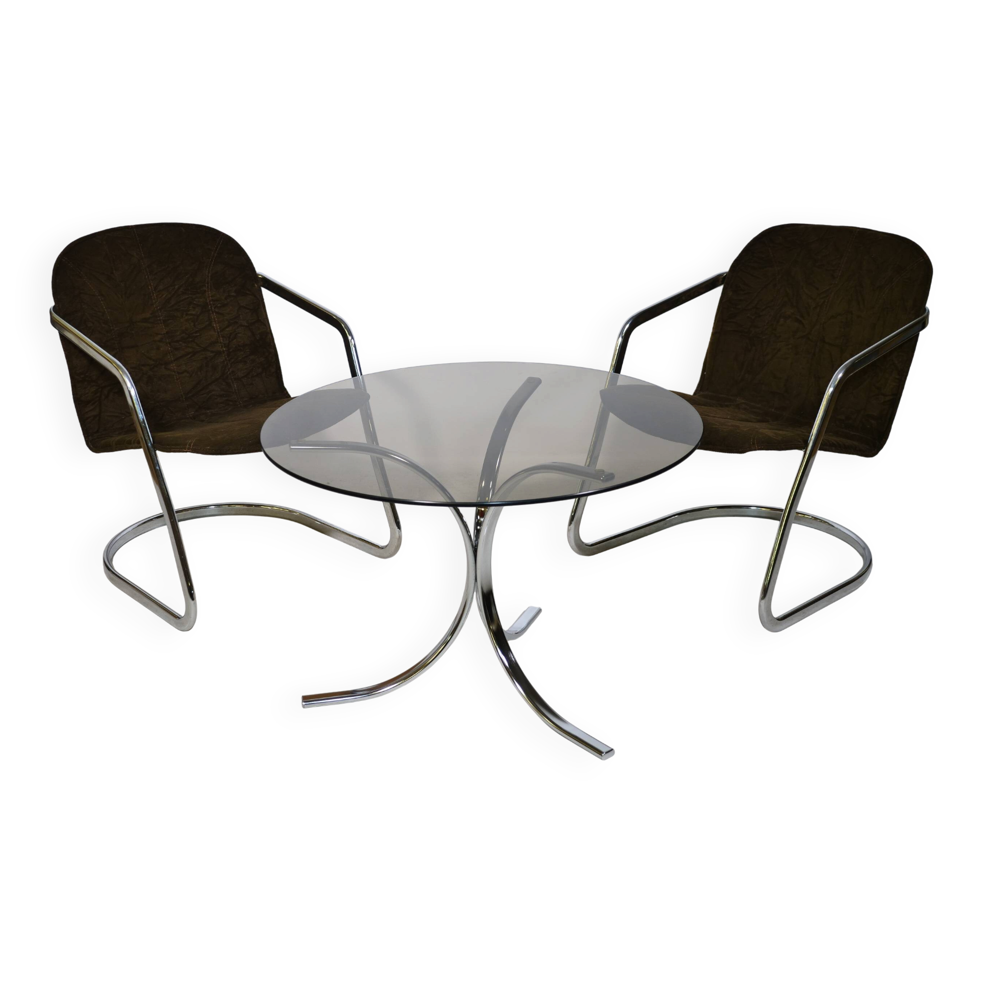 Armchairs and Coffee Table in Chrome and Smoked Glass, Set of 3, 1970s