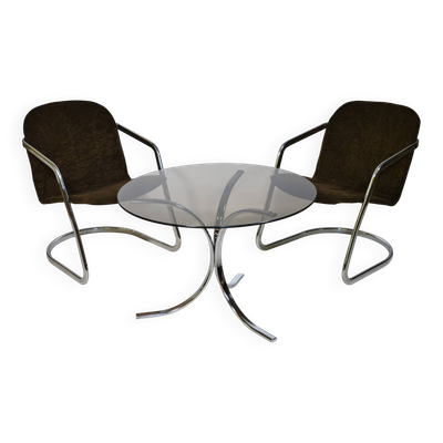 Fauteuils et table basse en chrome et verre fumé, ensemble de 3, années 1970