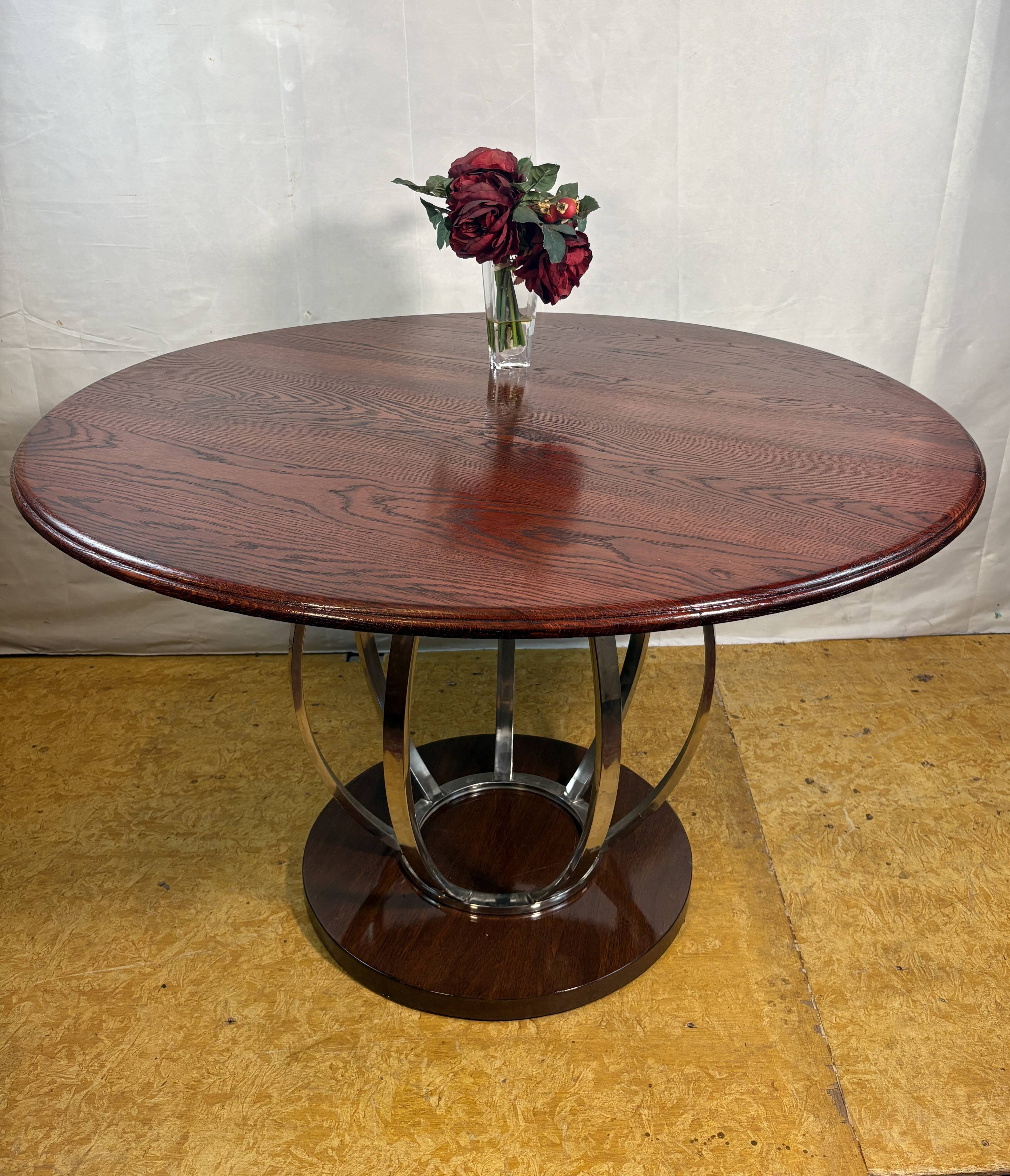 Vintage Art Deco Style Round Dining Table – Oak Top & Chrome Base – Designe