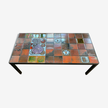 Coffee table tiles of vintage ceramic and black lacquered metal