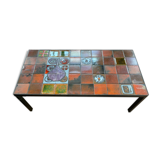 Coffee table tiles of vintage ceramic and black lacquered metal
