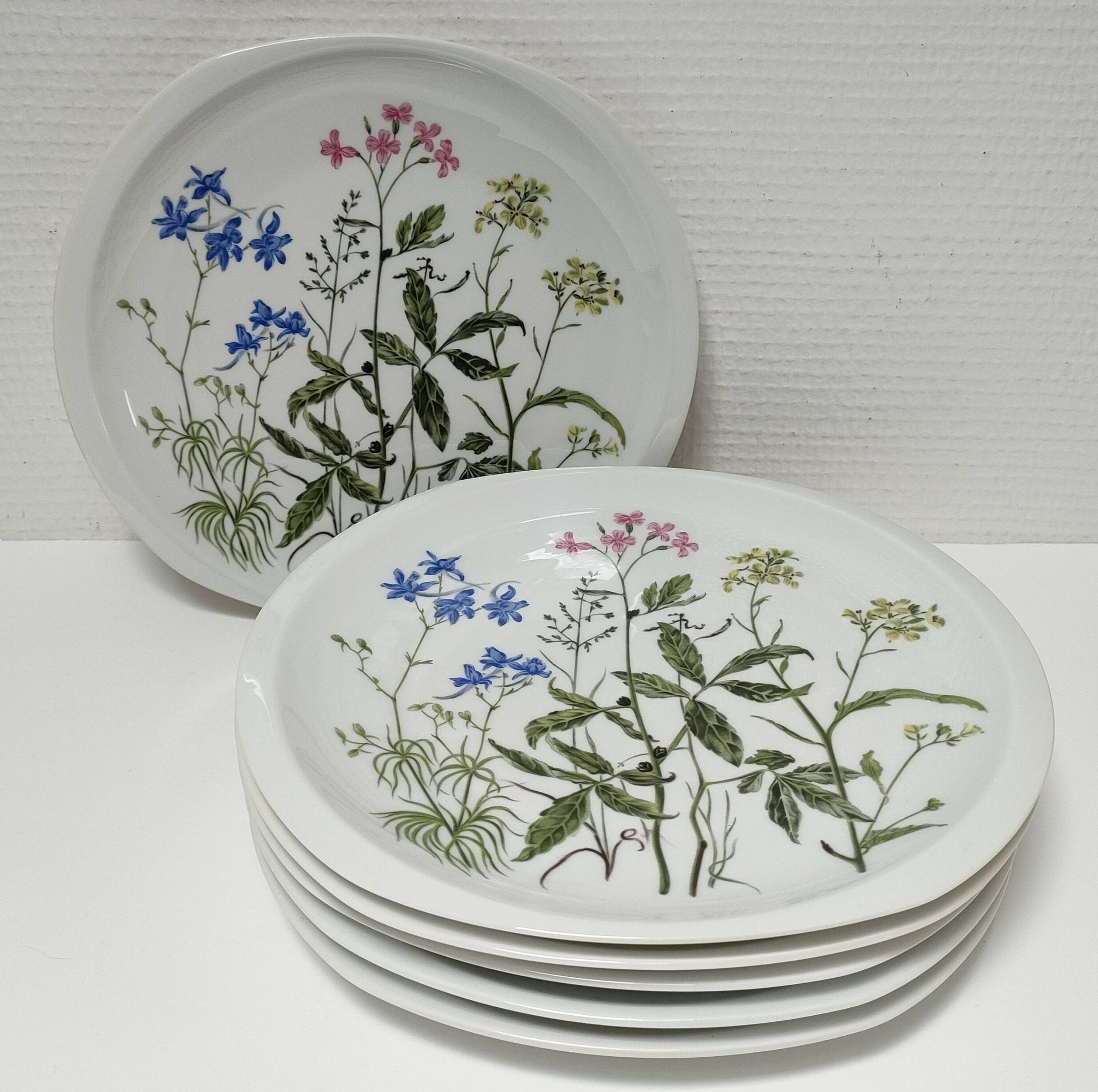 Six flat plates Alcée model porcelain Bernardaud Limoges floral decoration