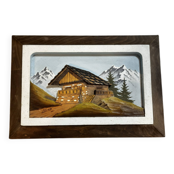 Carved and painted wooden alpine tableau signed