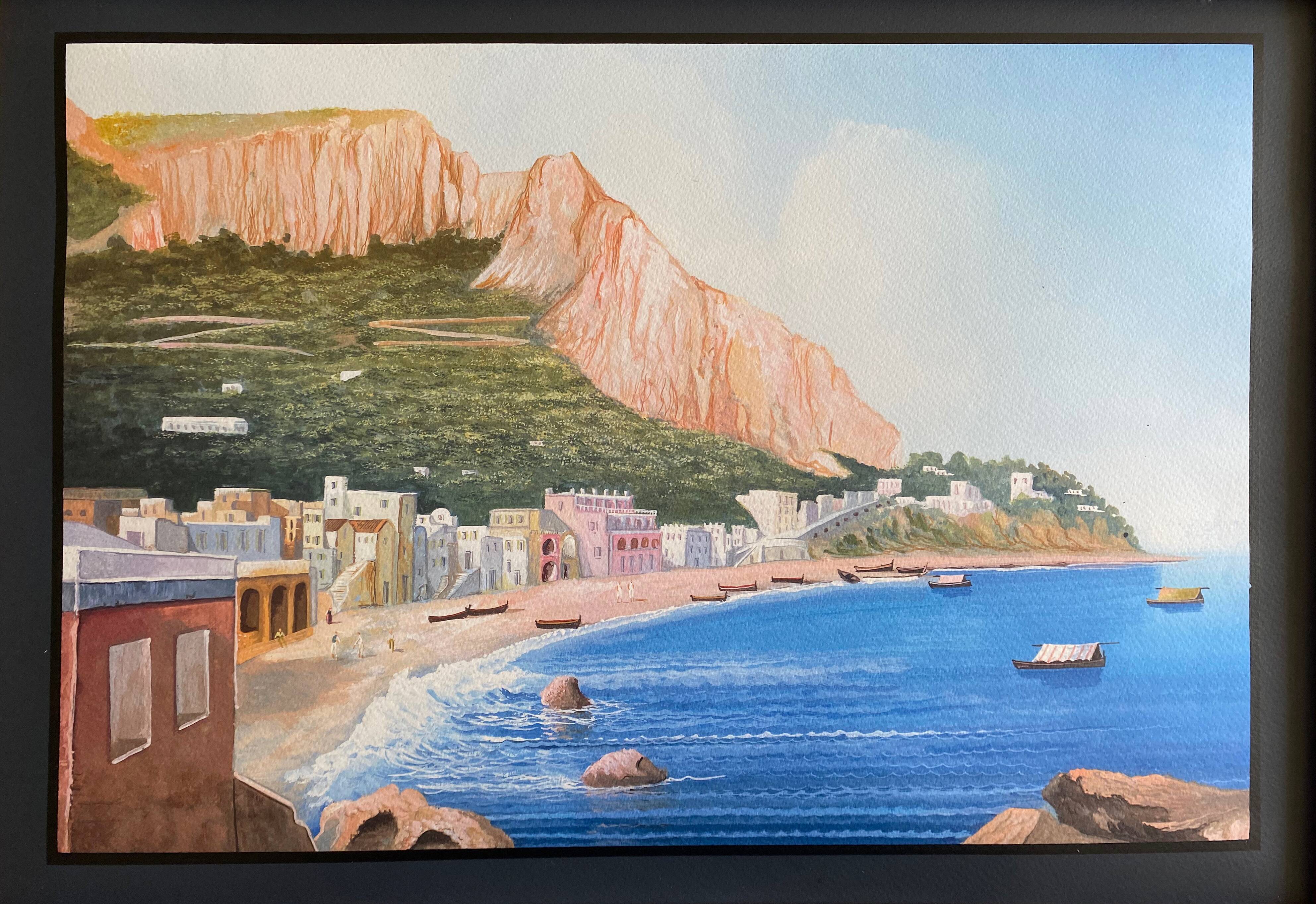 Painting Beautiful Neapolitan Gouache animated Boats (XX°) with inlaid frame