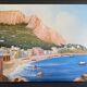 Tableau Belle Gouache Napolitaine animée Barques (XX°) avec cadre marqueté