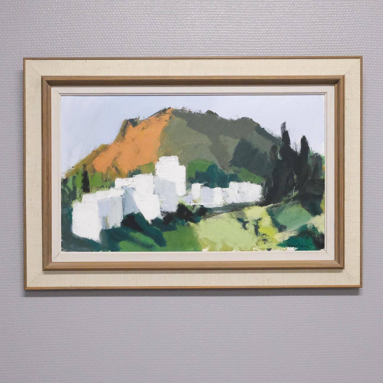 Huile sur toile originale suédoise – « Village de montagne » par Stig Wernheden – Vintage et encadrée – 48 × 70 cm (18,9" × 27,6")