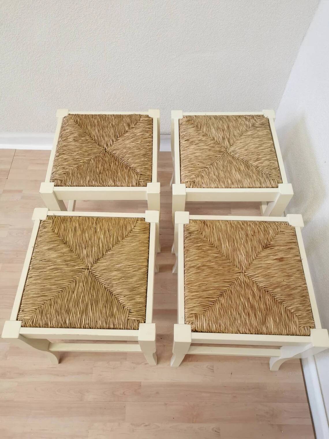 Set of 4 Vintage White Wooden Stools with Thatched Seats - 1970s Yugoslavia