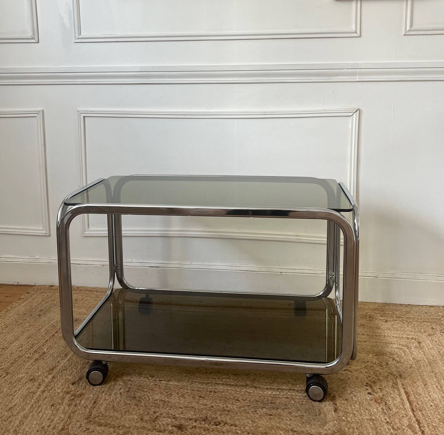 Rolling serving cart in chromed steel and smoked glass, 70s design