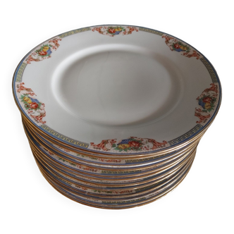 12 Assiettes plates en porcelaine de limoges paniers fleuris, fruits - debut 20 ème - ø 24,5