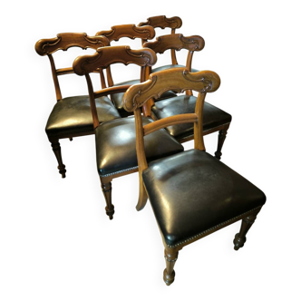 Set of 6 English chairs in mahogany and black leather