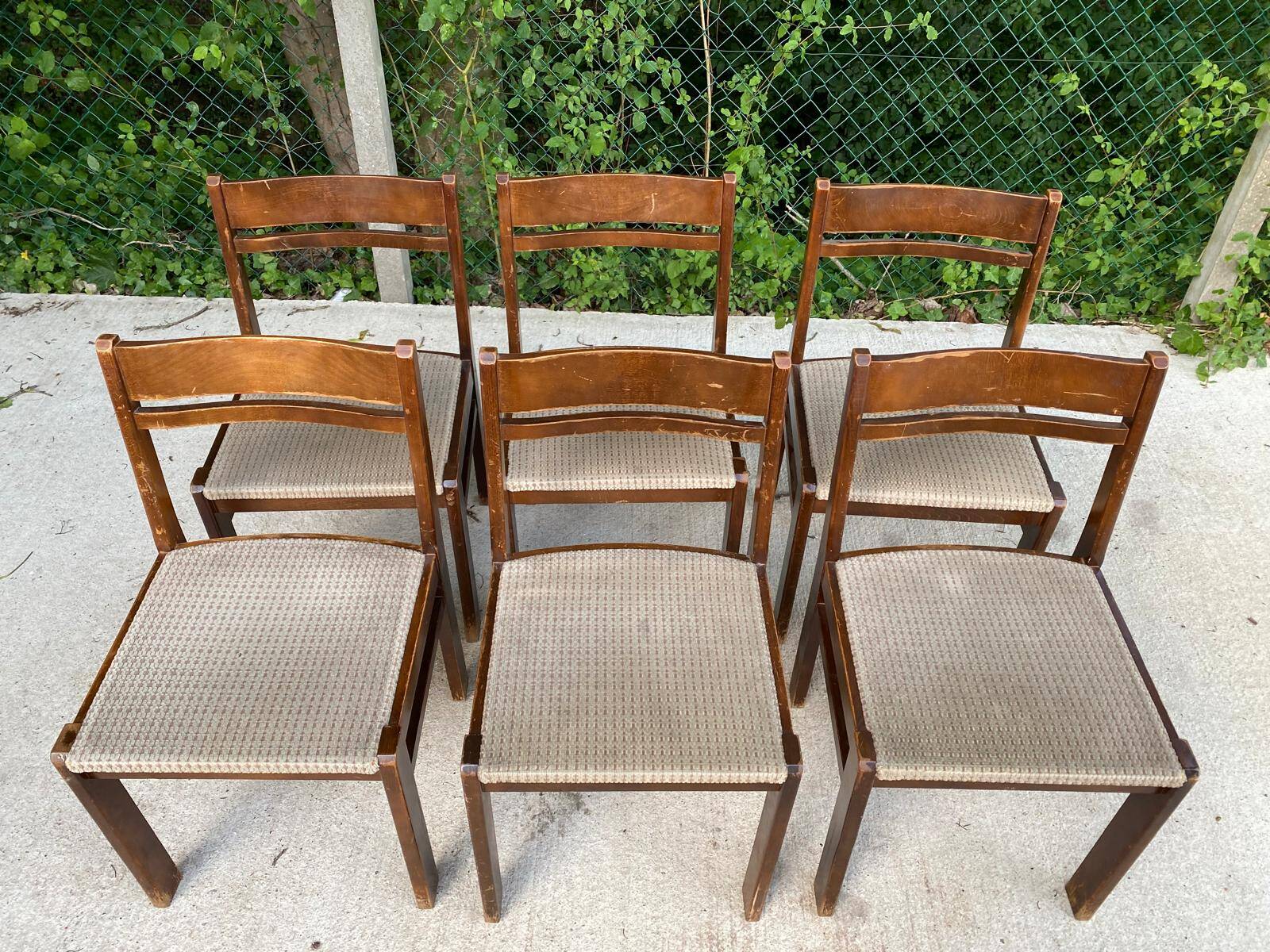 6 Scandinavian Baumann chairs in solid wood and beige fabric.