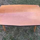 Vintage coffee table in light beech, rectangular top 120 x 50 cm, tapered legs.
