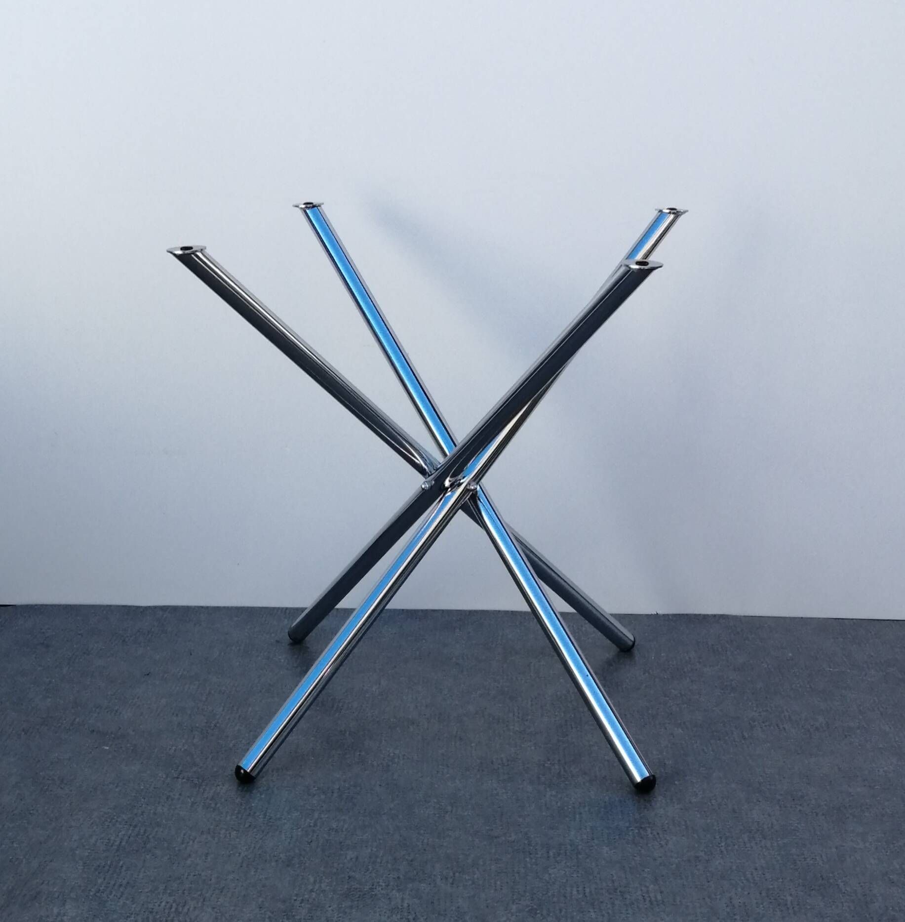 Designer smoked glass table, chrome Mikado base, vintage 1970
