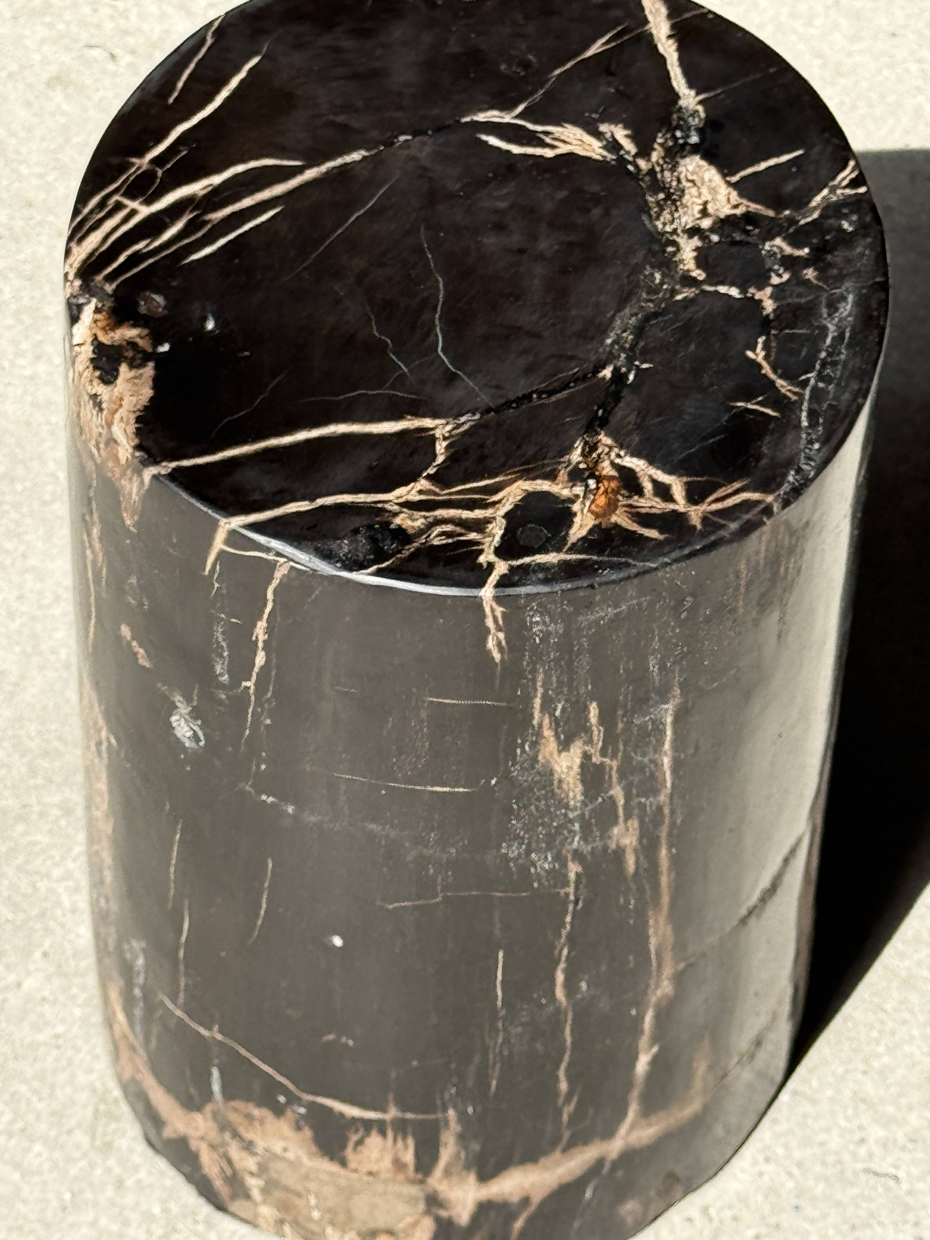 Small black petrified wood side table with beige stripes H28 D18 - 3347