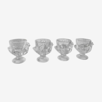 4 coquetiers en verre transparent en forme de poule vintage