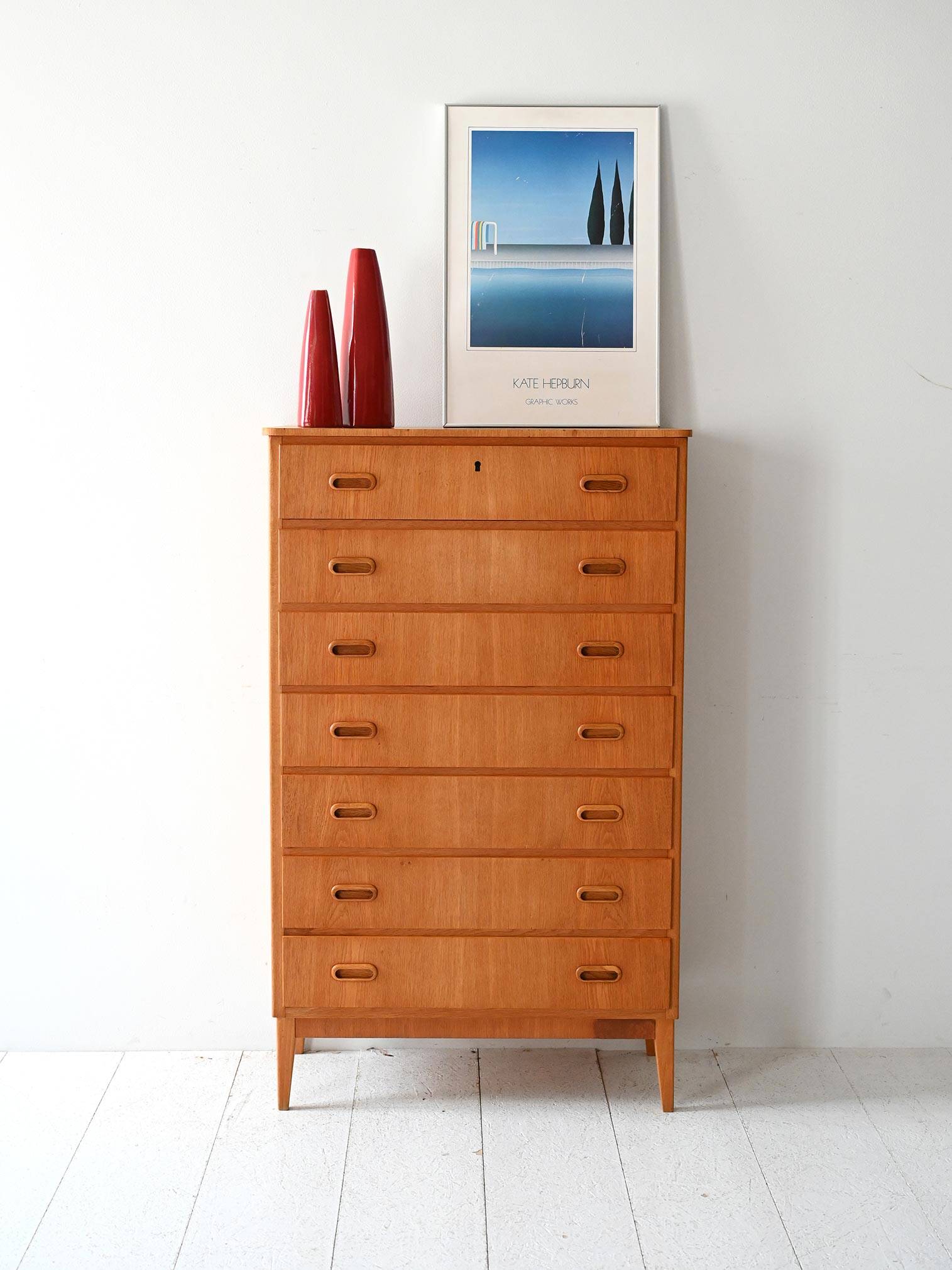 1960s Scandinavian Oak Tallboy with Sculpted Handles