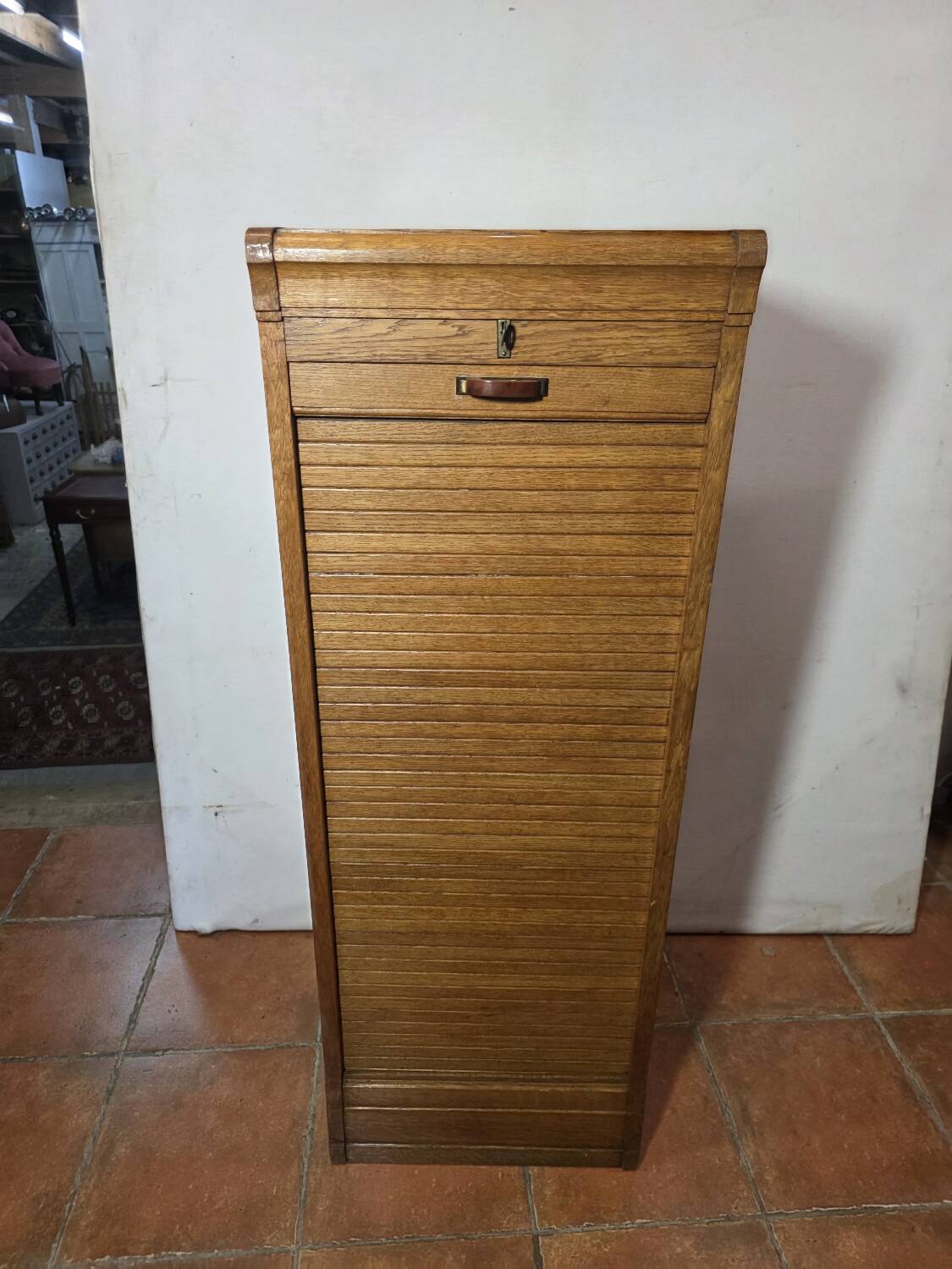 Art Deco curtain cabinet from the 1930s in oak with interior drawers, 120cm H.