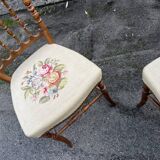 Pair of antique turned wooden chairs, embroidered upholstered seats