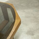 Unique hexagonal table 1977, smoked glass and oak, Swiss made.