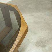 Unique hexagonal table 1977, smoked glass and oak, Swiss made.