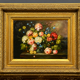 Still life with roses in a beautiful frame on a wooden panel in Flemish style.
