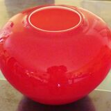 Pot-bellied, art deco vase in speckled ruby red multi-layered glass, white interior