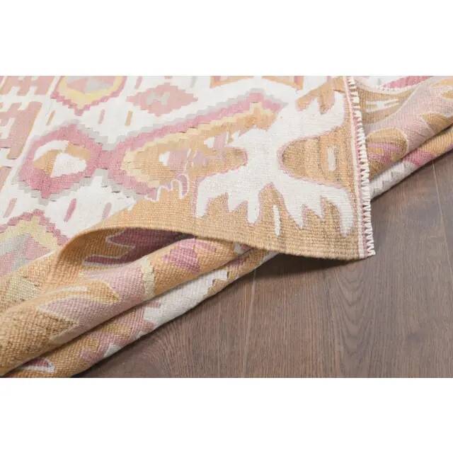 Vintage Turkish Oushak handmade cotton pink wool kilim area rug 120x165