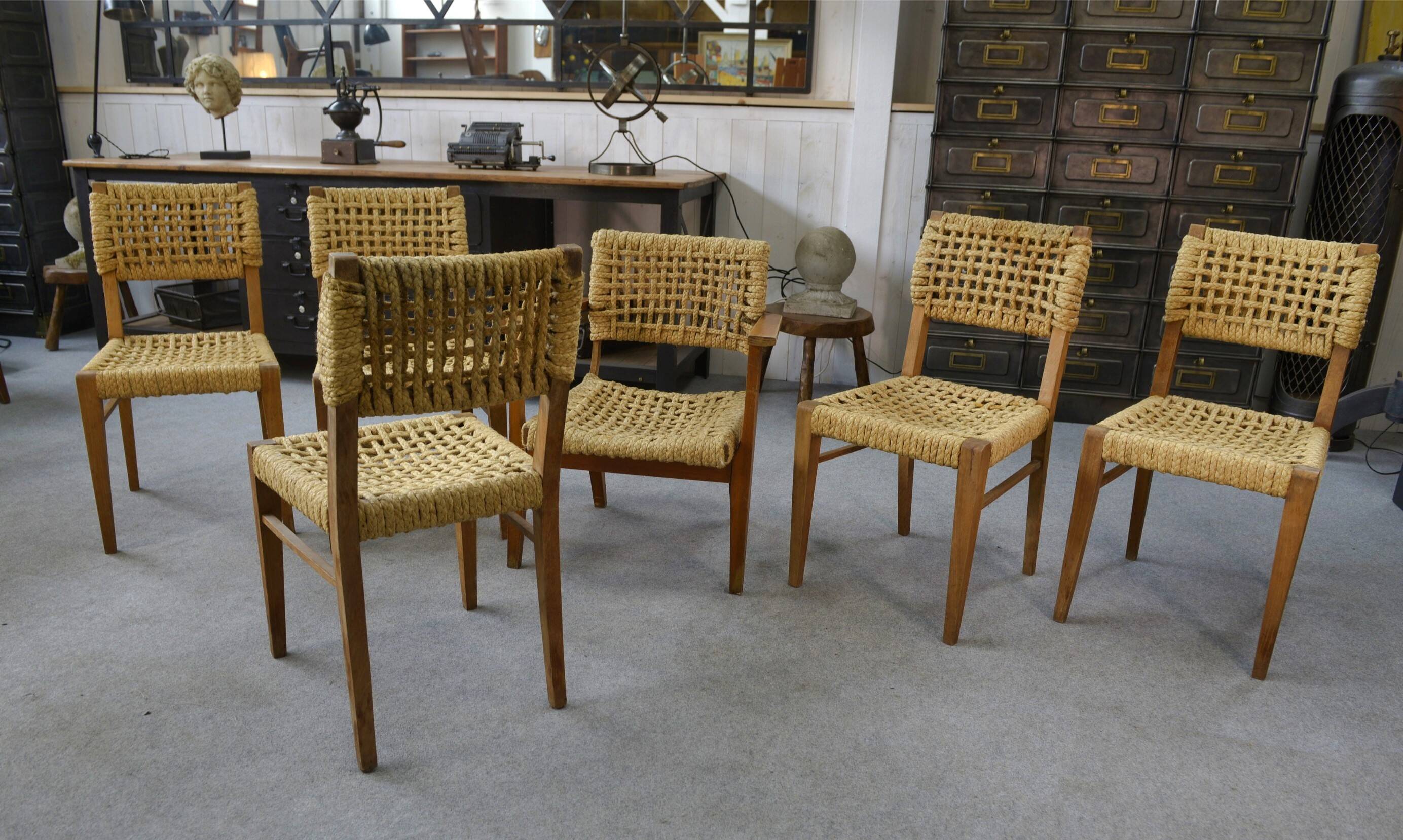 Set of 6 woven rope chairs by Adrien Audoux & Frida Minet for Vibo Versoul 1940's