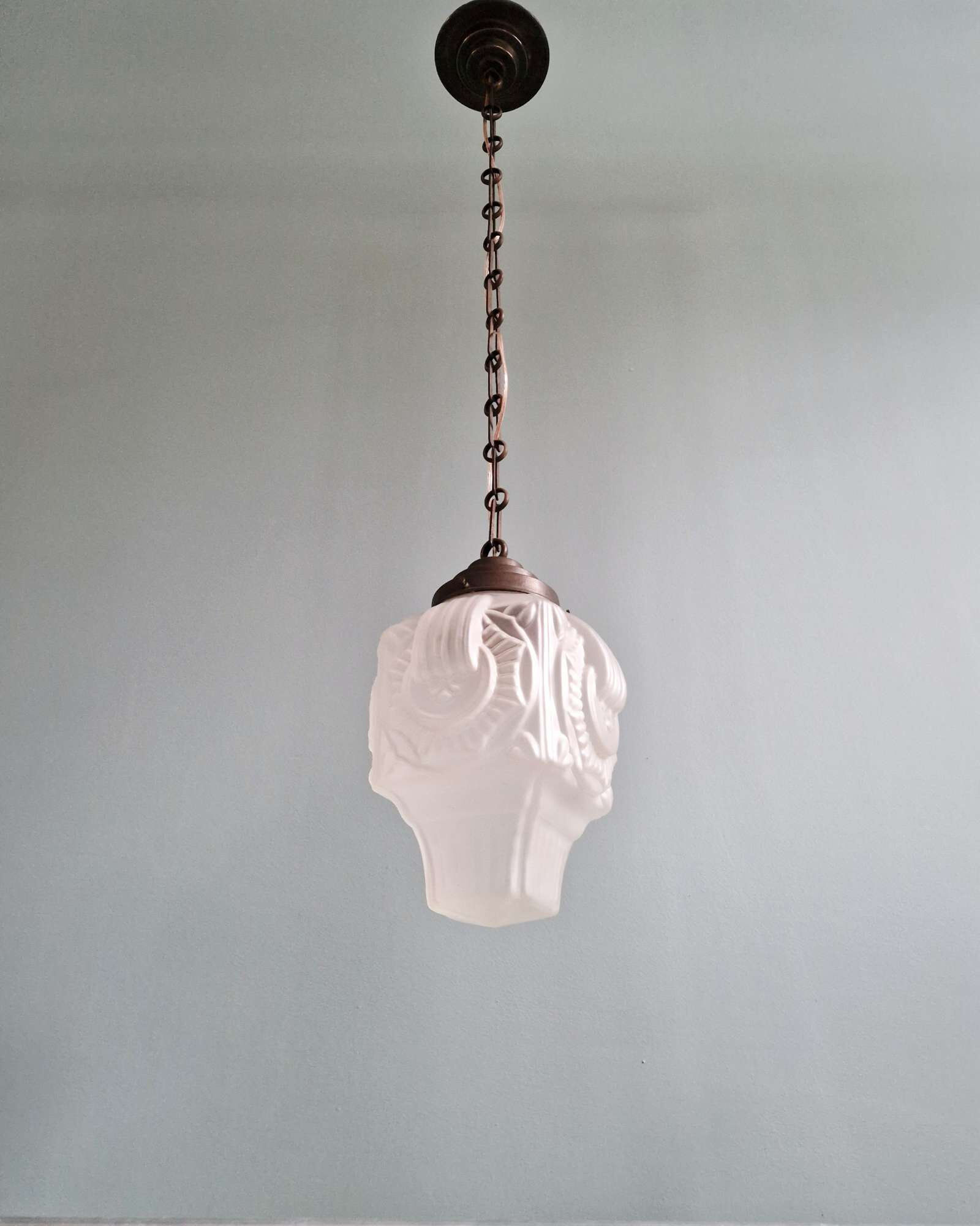 Art Deco suspension in frosted pressed moulded glass, 1920s-30s.