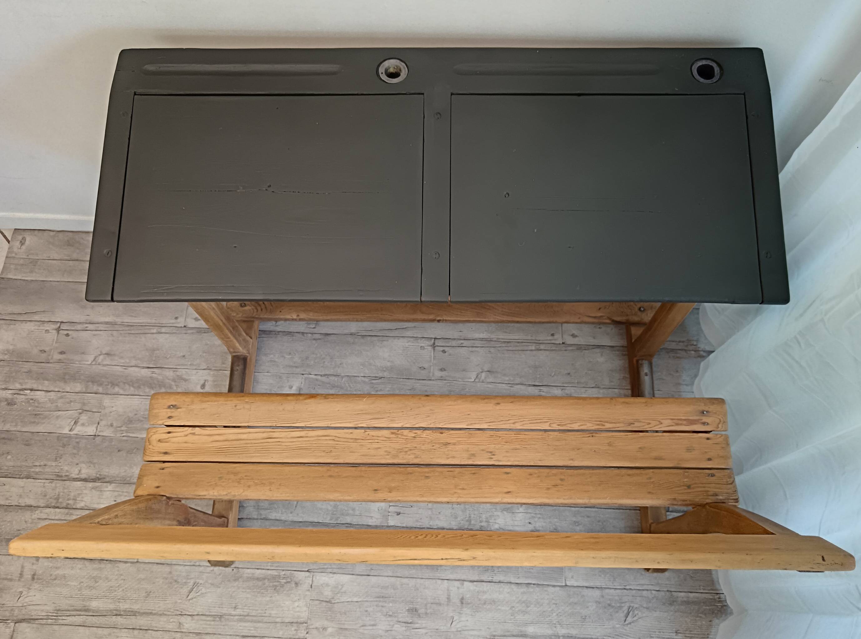 Double school desk in wood and black