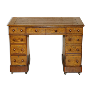 Bureau victorien en chêne miel avec cuir teint à la main